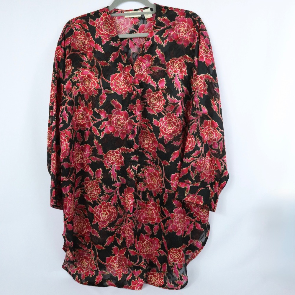 Vintage Victoria's Secret Gold Label Sleep Night Shirt Red Floral Sheer Sz Large